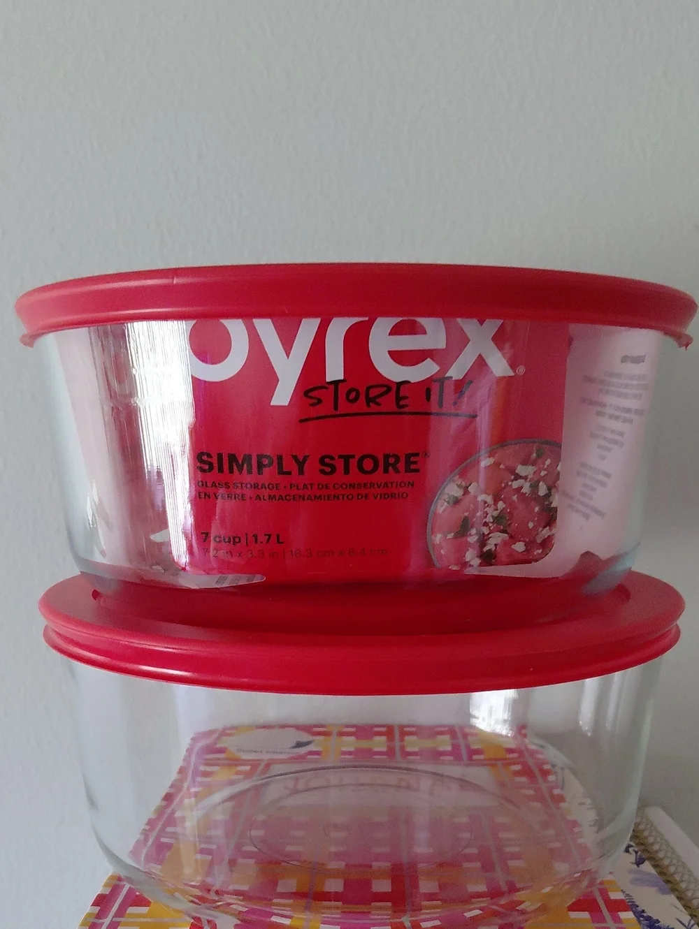 Pyrex Red Lid Glass Food Storage Bowls 7 Cup  (Set of 2)